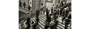 Crowded staircase with blurred movement